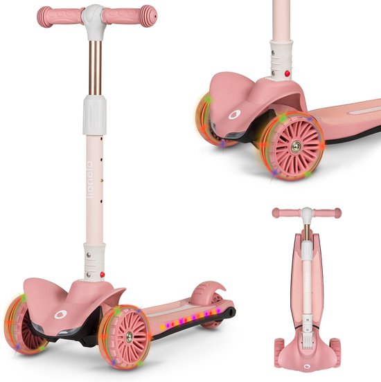 Roze kinderstep met 3 wielen, LED-verlichting en in hoogte verstelbaar stuur. Compact opvouwbaar.