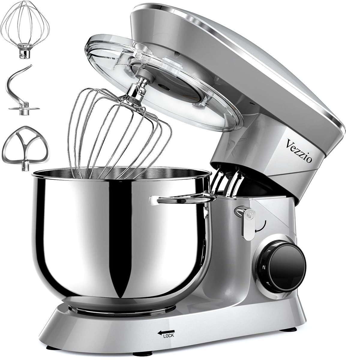 SnelShoppen - Vezzio Food Processor Kneedmachine 1500W, Geluidsarm, 10 Snelheden, 8.5L RVS Kom, Kneedhaken, Mixborstel, Zilver, Voor Bakken en Koken