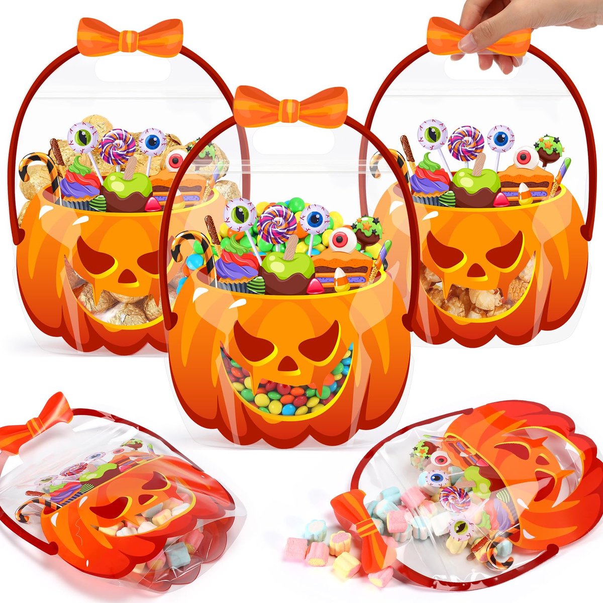 Namajunas - 25x Halloween Uitdeelzakjes - Snoepzakjes - Cellofaanzakjes - Uitdeelzakjes Kinderfeestje - Snoepzakjes Transparant - Inpakzakjes - Uitdeelzakjes Snoep - Traktatie Zakjes - Halloween Decoratie - Met Handgrepen Hersluitbaar - Kwaad Pompoen
