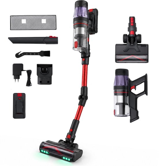 Complete rode en zwarte steelstofzuiger set met alle accessoires, inclusief oplader en muurbeugel.