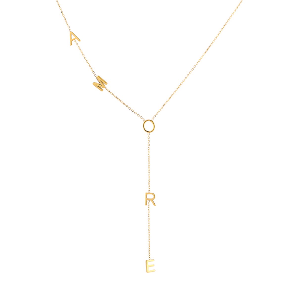 Modieuze Roestvrij Stalen Ketting - Gouden Y-Vormige Ketting met A-M-O-R-E Letters - Stainless Steel Sieraad - Goud