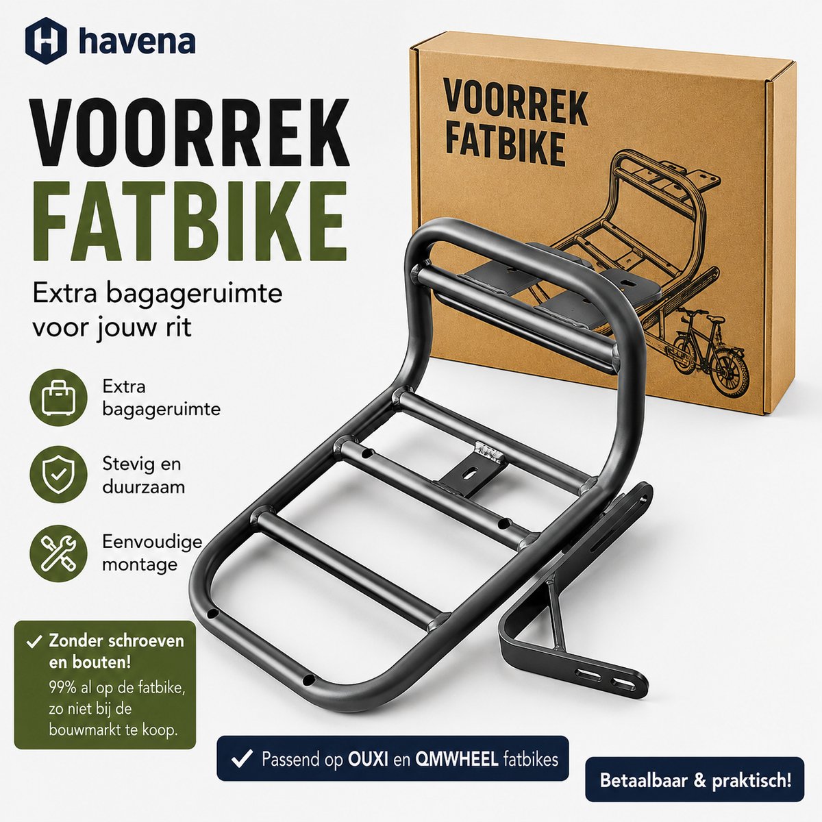 Havena Voorrek Fatbike – Passend op OUXI & QMWHEEL Voorrek – Extra Bagageruimte – Zwart - Voorrek Ouxi - Voorrek Qmwheel - Voorrek v20 - Voorrek v8 en meer