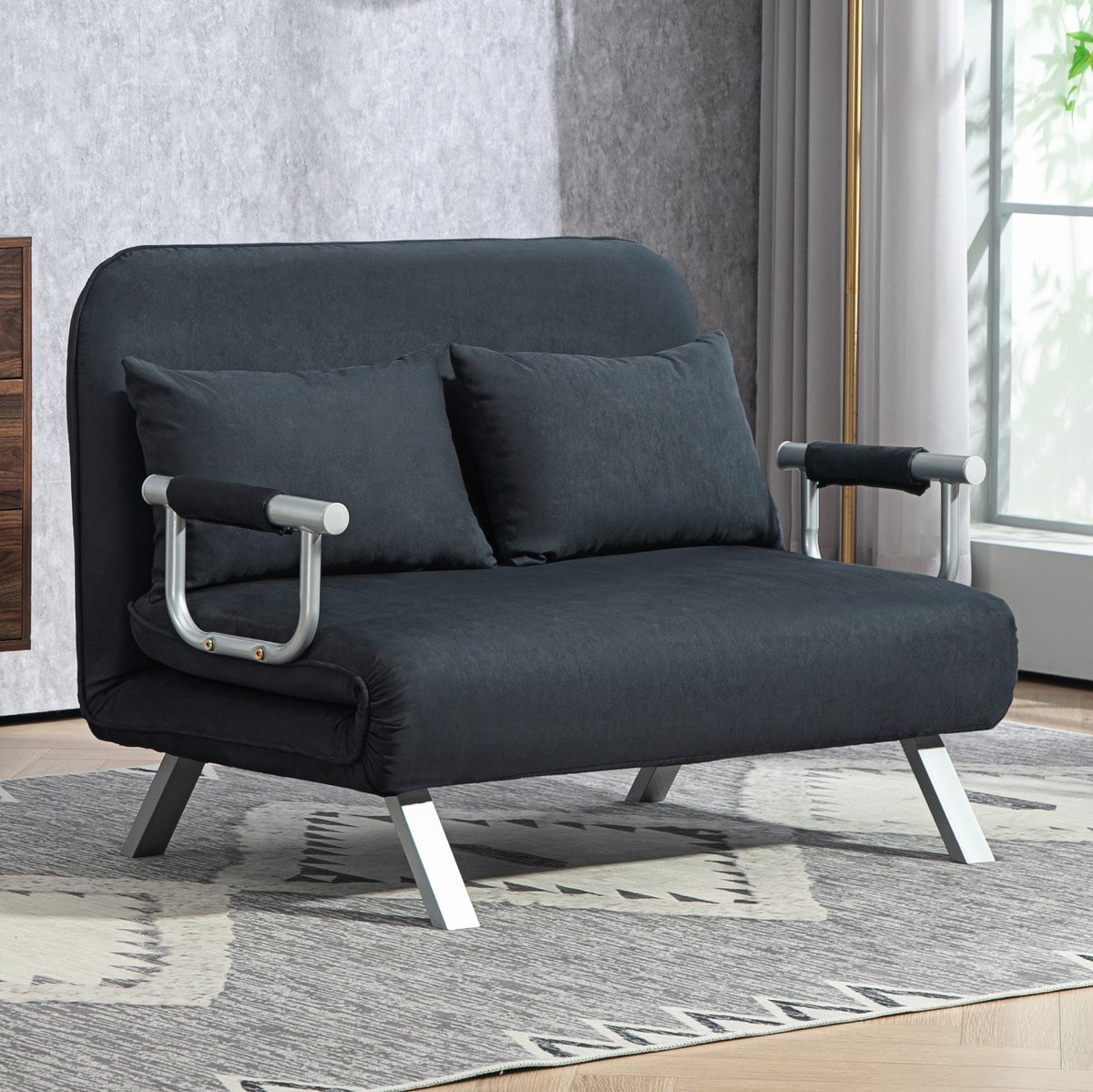 STILVORA Slaapbank 111 x 80 cm - Verstelbare Rugleuning En Slaapfunctie - Voor Woonkamer En Slaapkamer - Metaal En Suèdelook - Zwart
