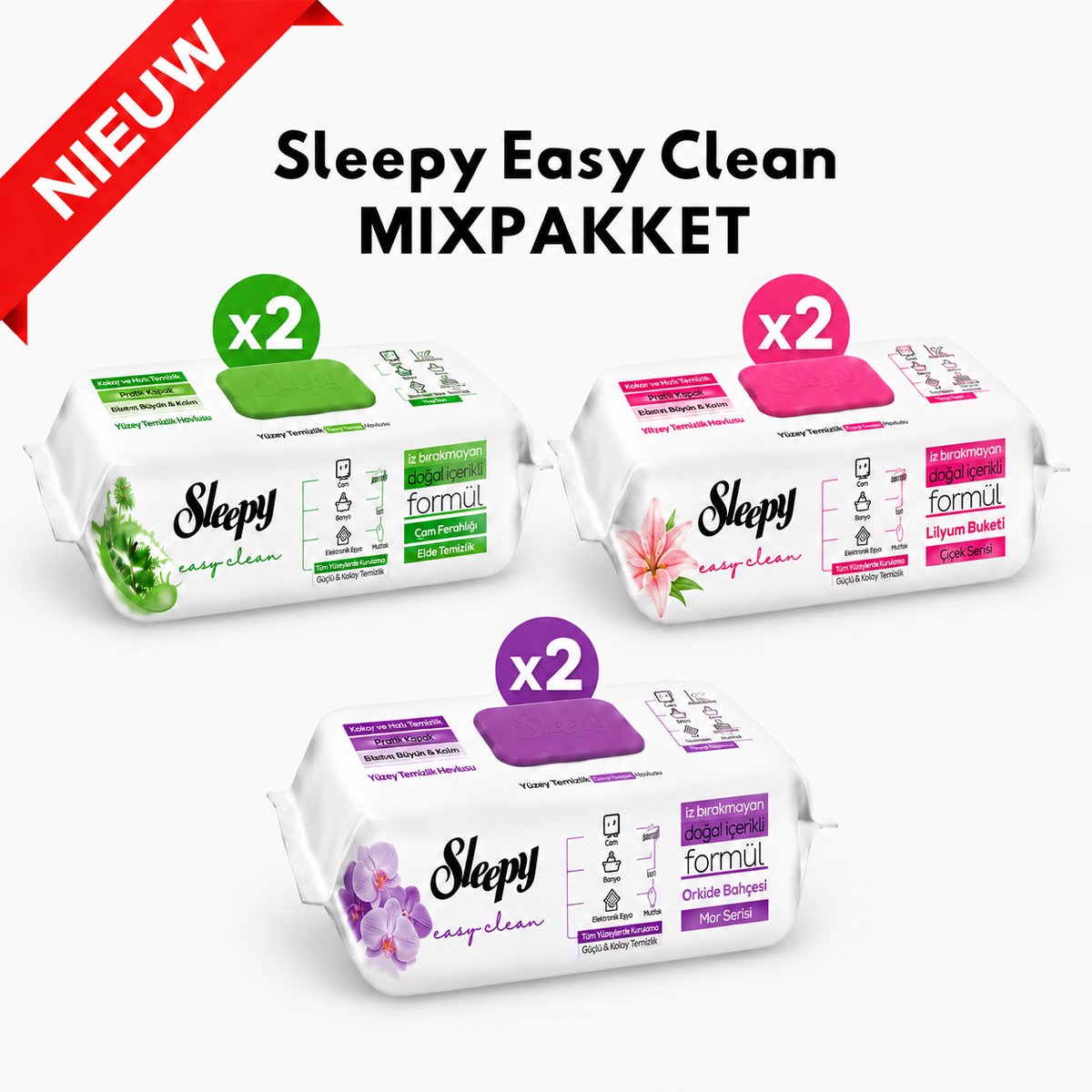 Sleepy Easy Clean Mixpakket Schoonmaakdoekjes – 6 x 100 Stuks – 600 Vochtige Reinigingsdoekjes – Dennenfris, Lelieboeket en Orchidee - Yuzey Temizleme Mendili Cam Agaci, Lilyum, Orkide - Surface Cleaning Wipe