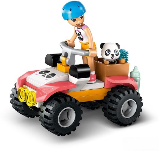 LEGO Friends minipop met helm op een quad met een pandabeertje achterop.