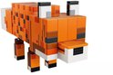 Renard LEGO Minecraft en briques orange, marron et blanches avec des détails noirs.