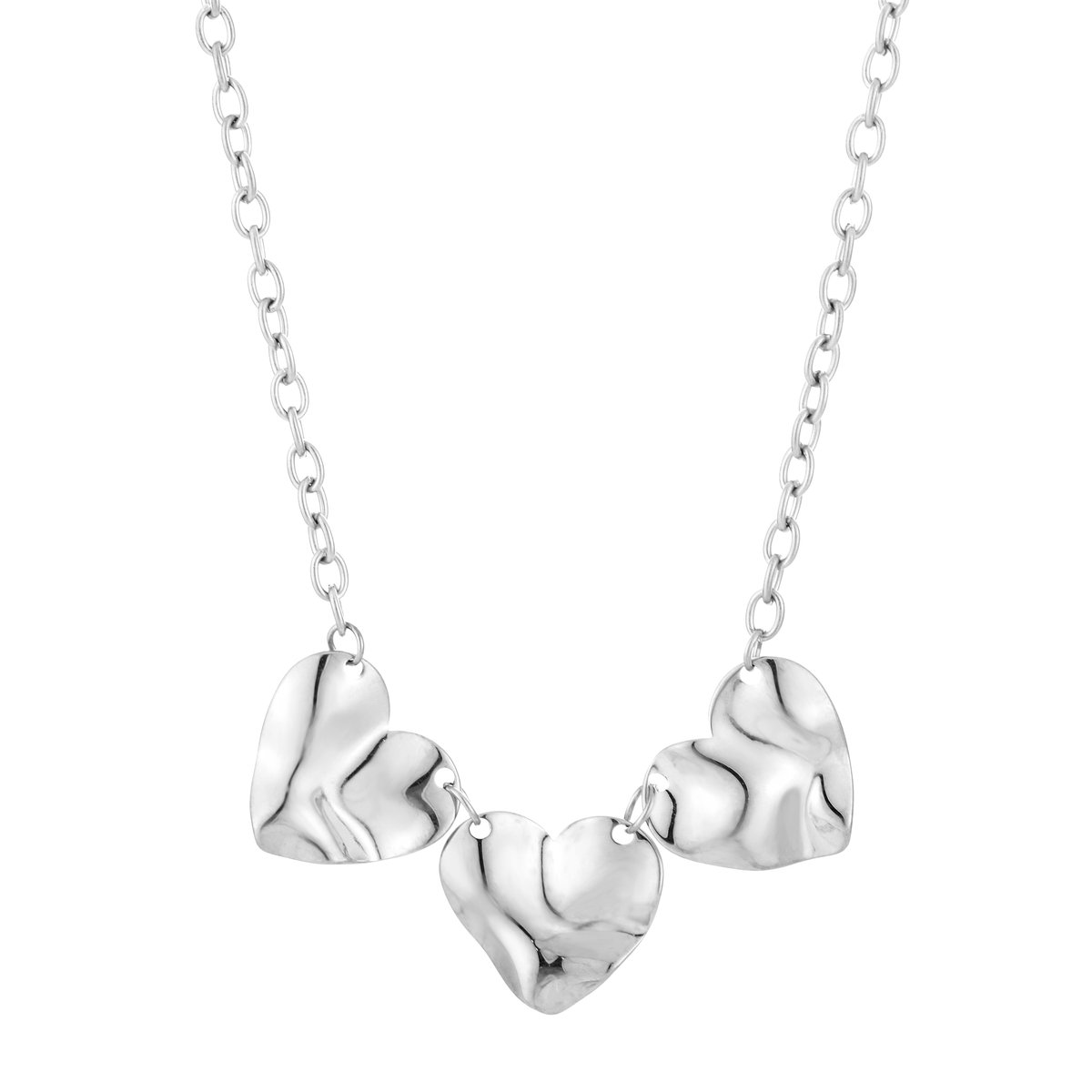 Romantische Dames Halsketting - Schakelketting met Drie Gehamerde Hart Bedels - Zilver