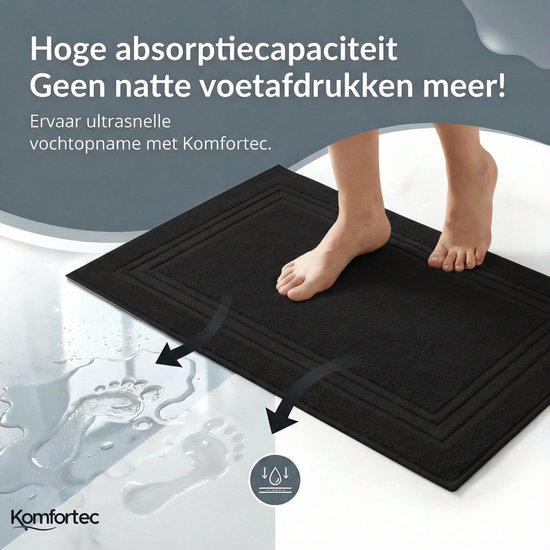 Blote voeten stappen op een zwarte, absorberende badmat. Natte voetafdrukken op de vloer verdwijnen. De tekst "Hoge absorptiecapaciteit" is zichtbaar.