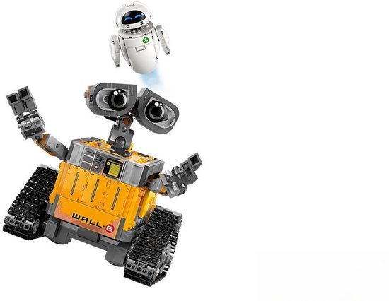 Robots jouets WALL-E et EVE, avec WALL-E sur chenilles et EVE flottant.