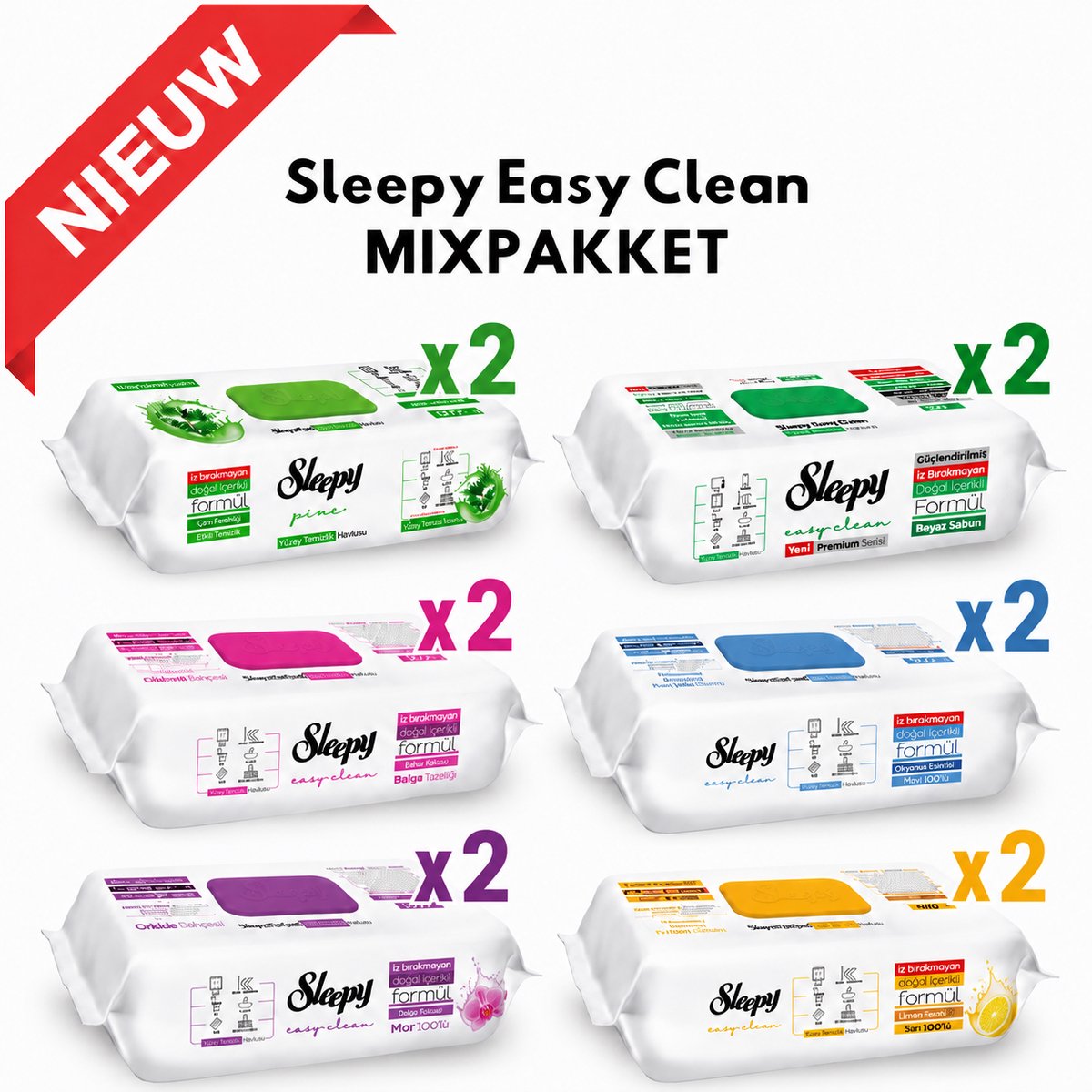 Sleepy Easy Clean Mixpakket Schoonmaakdoekjes – 12 x 100 Stuks – 1200 Vochtige Reinigingsdoekjes – 2x Dennenfris,Arabische Zeep,Witte Zeep,Bleekmiddel,Lilyum,Orchidee - Yuzey Temizleme Mendili Beyaz Sabun,Arap Sabunu,Camasir suyu,Lilyum,Orkide,Cam