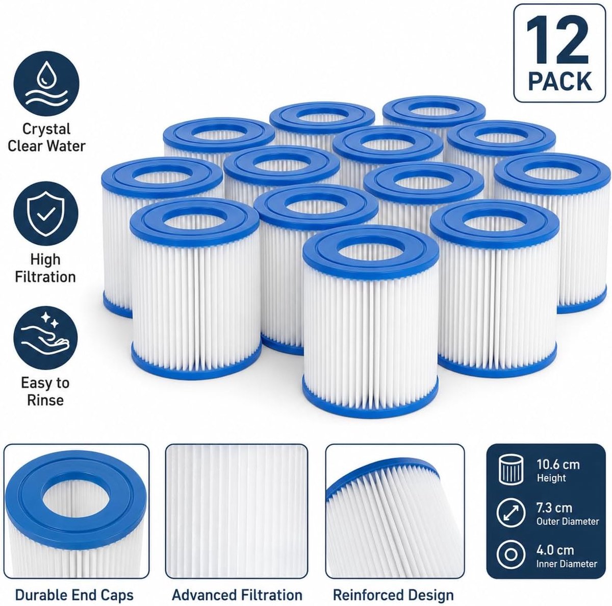 Set van 12 Spa Filtercartridges S2 Compatibel - 10,6 x 7,3 cm - Dacron Filter voor Opblaasbare Spa's