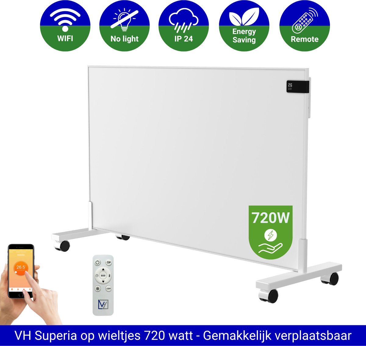 VH Infrarood paneel Superia - 60 x 120 cm - 720W - Verplaatsbaar op wieltjes - Wifi functie - Thermostaat - Incl. afstandsbediening