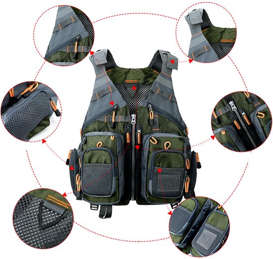 Reddingsvest voor vissen vanaf de rotsen - Reddingsvest voor volwassenen - Geschikt voor kajakken en vissen - Meerdere zakken - 55 * 46 cm - Afneembaar - Polyester + EPE-schuim - Groen — afbeelding 2