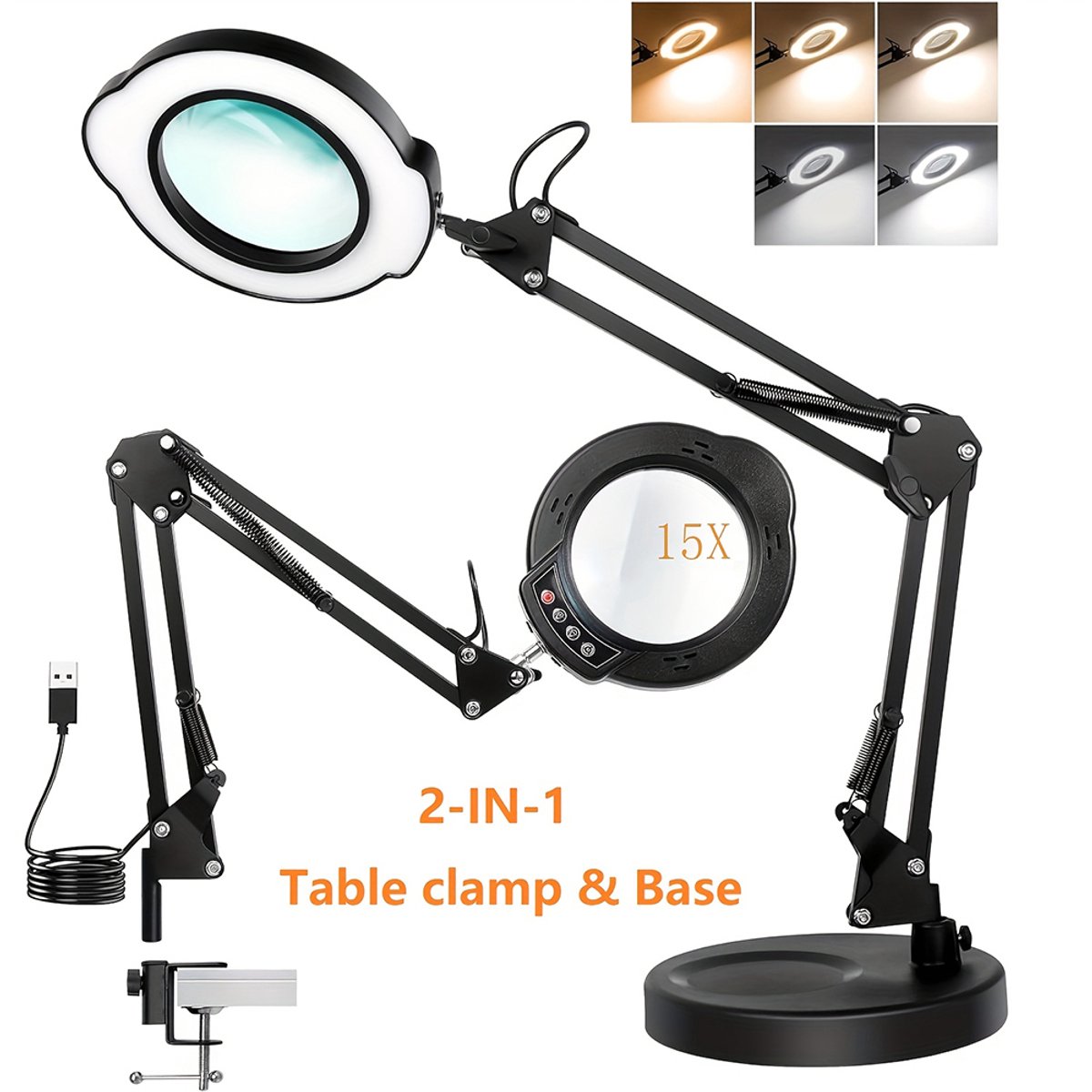 M-Goods - Loeplamp met Verlichting 15x - Vergrootglas op Standaard - 84 LED's - 5 Kleurtemperaturen - Tafelklem & Voet