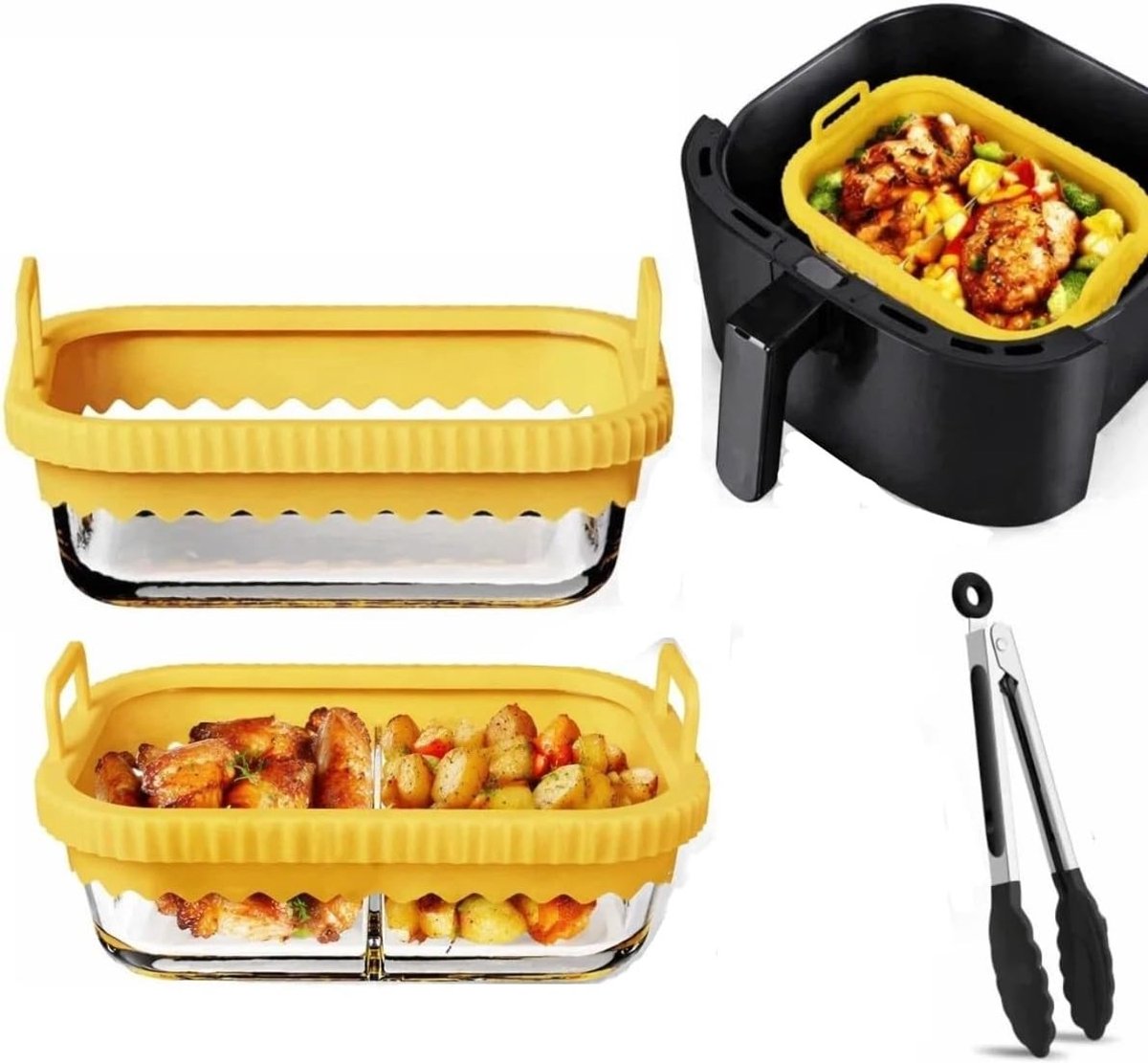 Ovenvormen voor Airfryer - 2 stuks vaatwasmachinebestendige glazen containers met siliconen handvat en voedseltang, geschikt voor heteluchtfriteuses