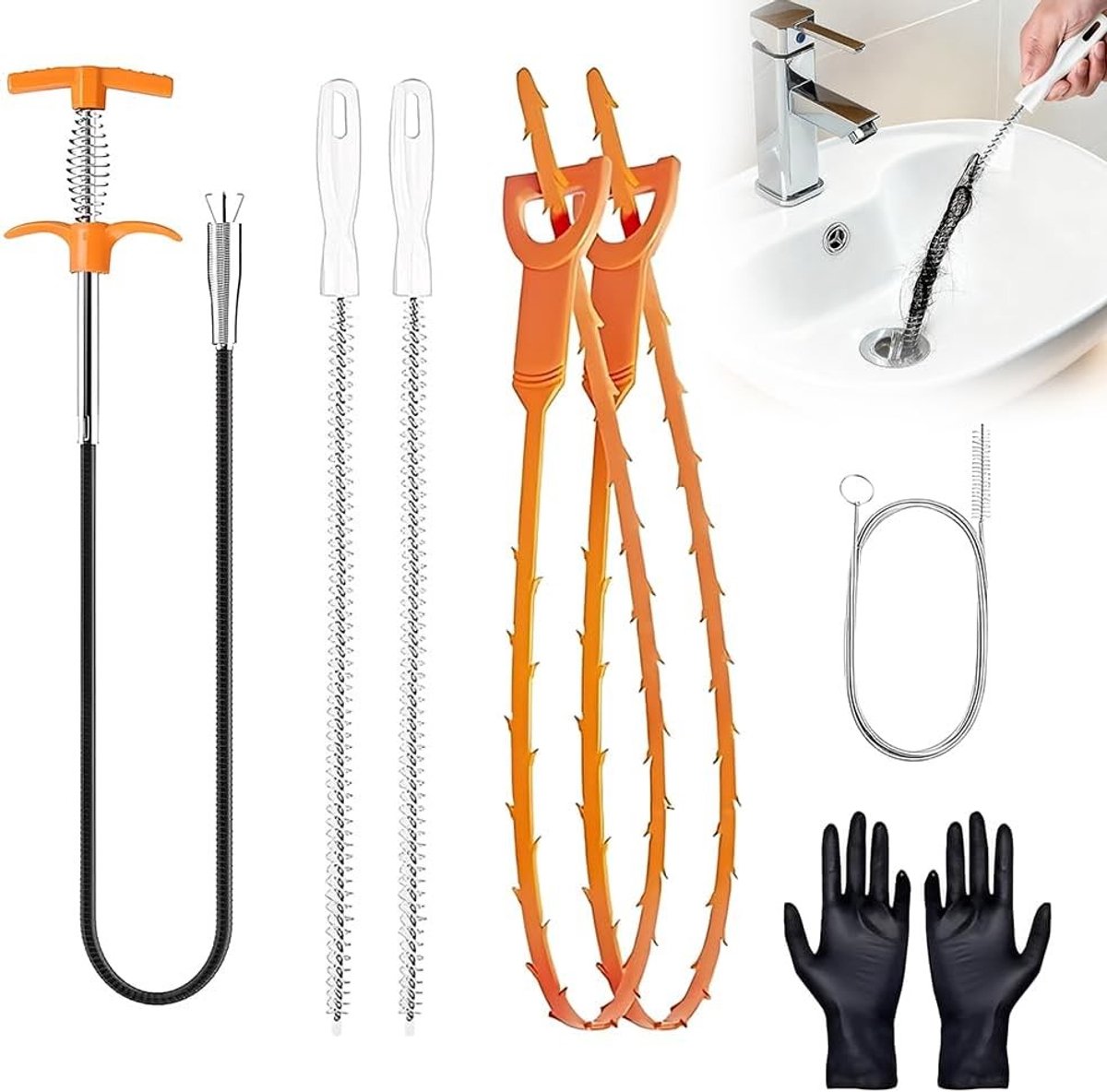 Effectieve Spiralen voor Afvoerreiniging, 7-delige Set met Handschoenen, Ideaal voor Haar- en Vetophopingen in Keuken en Douche