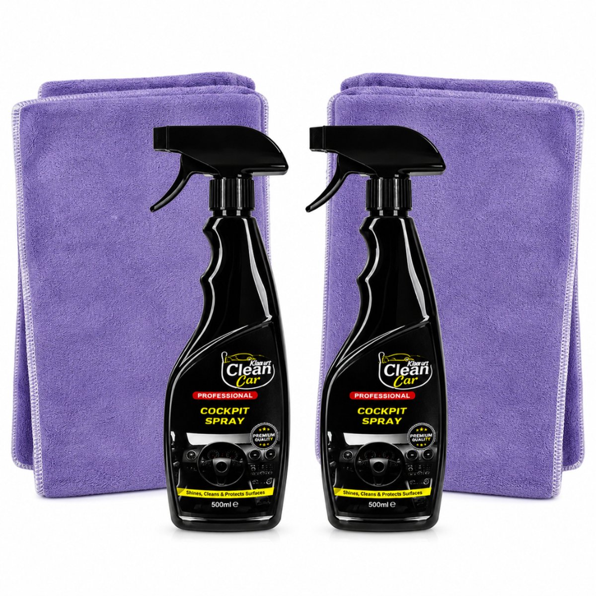 Clean Car Cockpit Spray – 2 x 500 ml met 2 Poetsdoeken - Dashboardreiniger – Kunststof Reiniger – Antistatisch – Auto Interieurverzorging – Voordeelverpakking