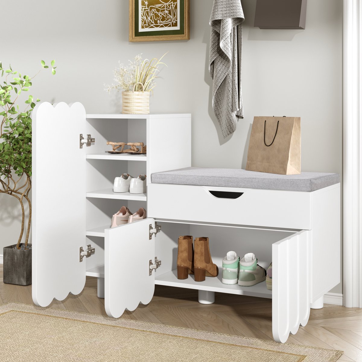 Schoenenkast - 3-deurs schoenenbank met lade, zitkussen & opbergruimte - 90x74,5x35 cm - Wit
