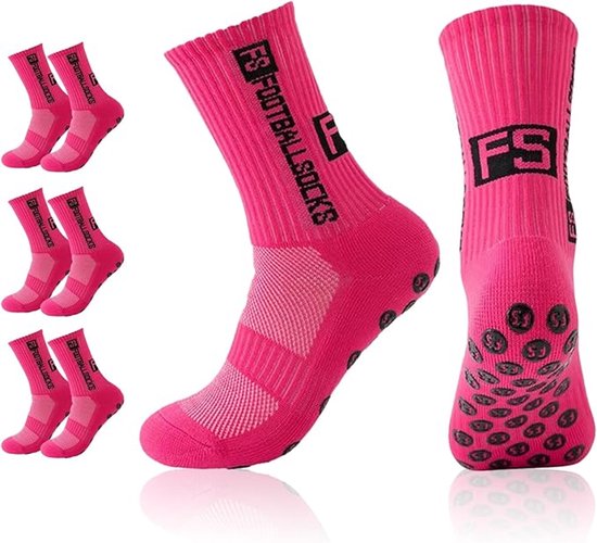 Roze sportsokken met grip, 'FS FOOTBALL SOCKS' opdruk. Drie paar worden getoond, inclusief detailfoto's.