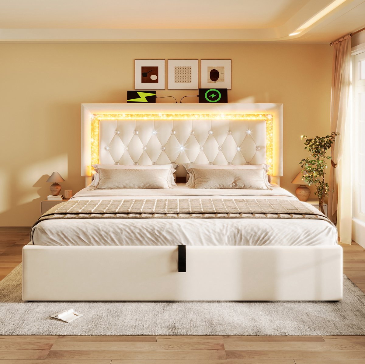 COVREO Bed 140x200 cm beige stof met opbergruimte zonder matras