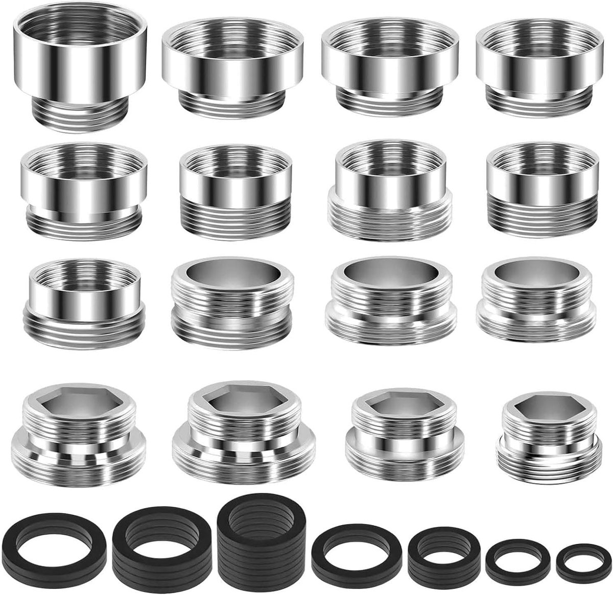 Faucet adapter set 16-delig - Duurzaam en roestvrij - Inclusief rubberen afdichtringen - Voor keuken en tuin - SnelShoppen