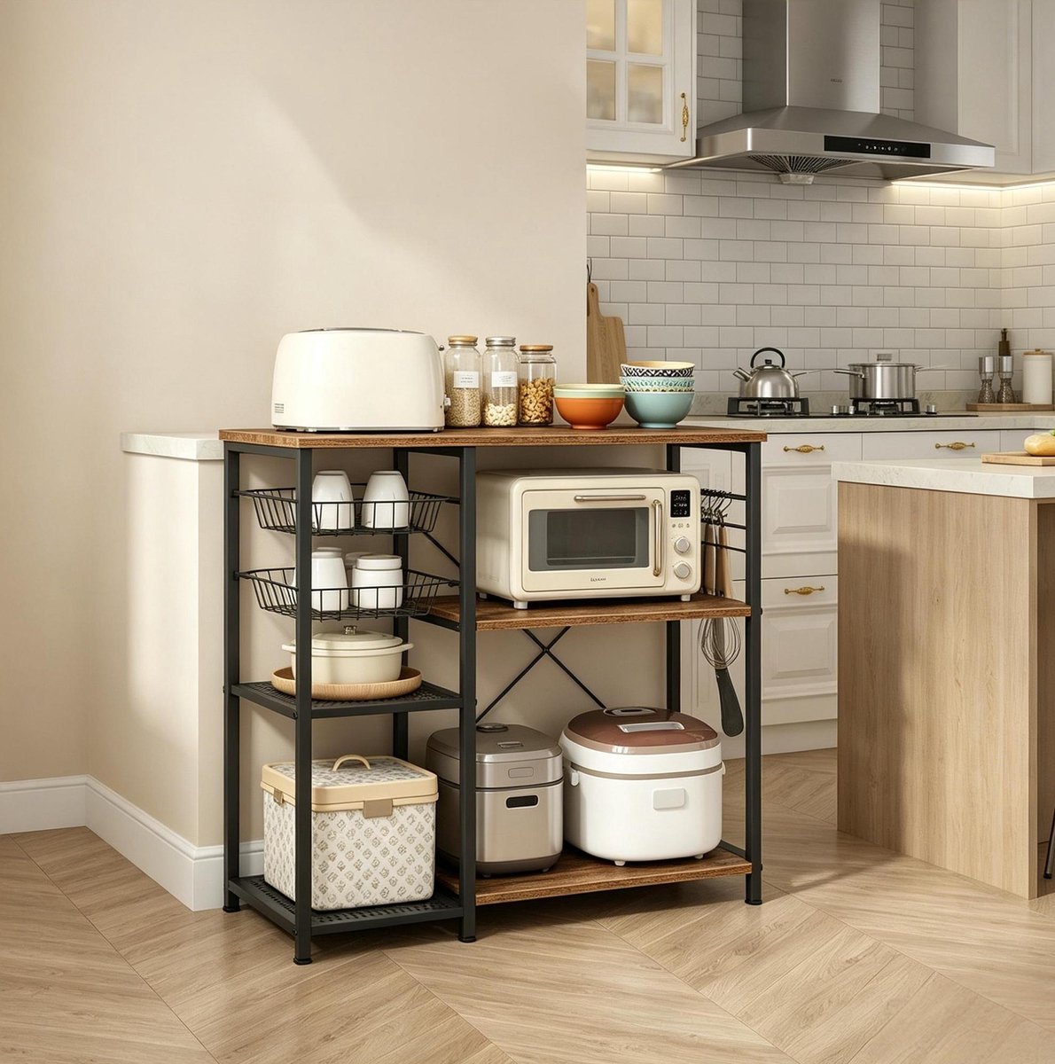 HAUSS SPOLE Keukenkast – Open Opbergrek 90 x 40 x 82 cm – Metaal En Spaanplaat – Zwart En Bruin – Voor Magnetron En Keukenopslag