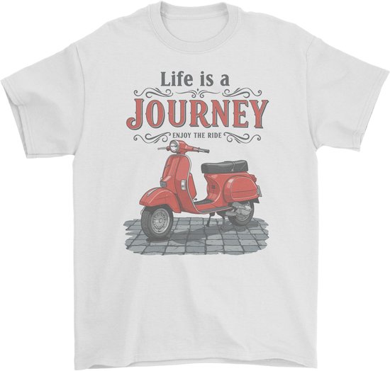 T-shirt blanc avec imprimé d'un scooter Vespa rouge et le texte "Life is a Journey".