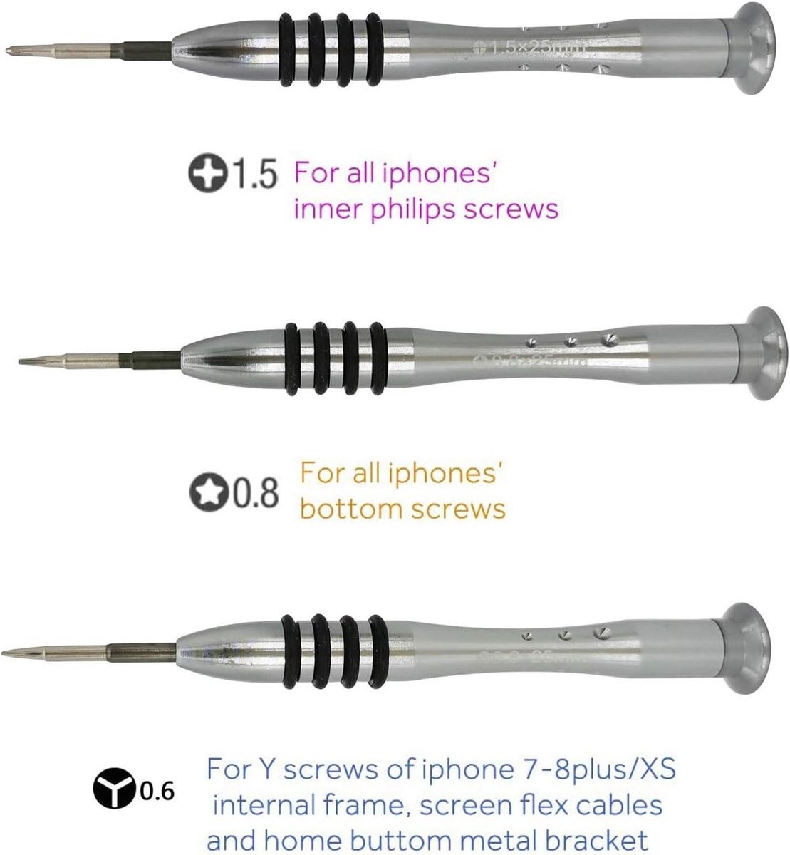 Complete Reparatieset voor Smartphones met Schroevendraaiers, 1.5mm PH000, 0.8mm P2 Pentalobe en Y0.6 Tri-Point, Geschikt voor iPhone X/8/7 Plus en Andere Modellen