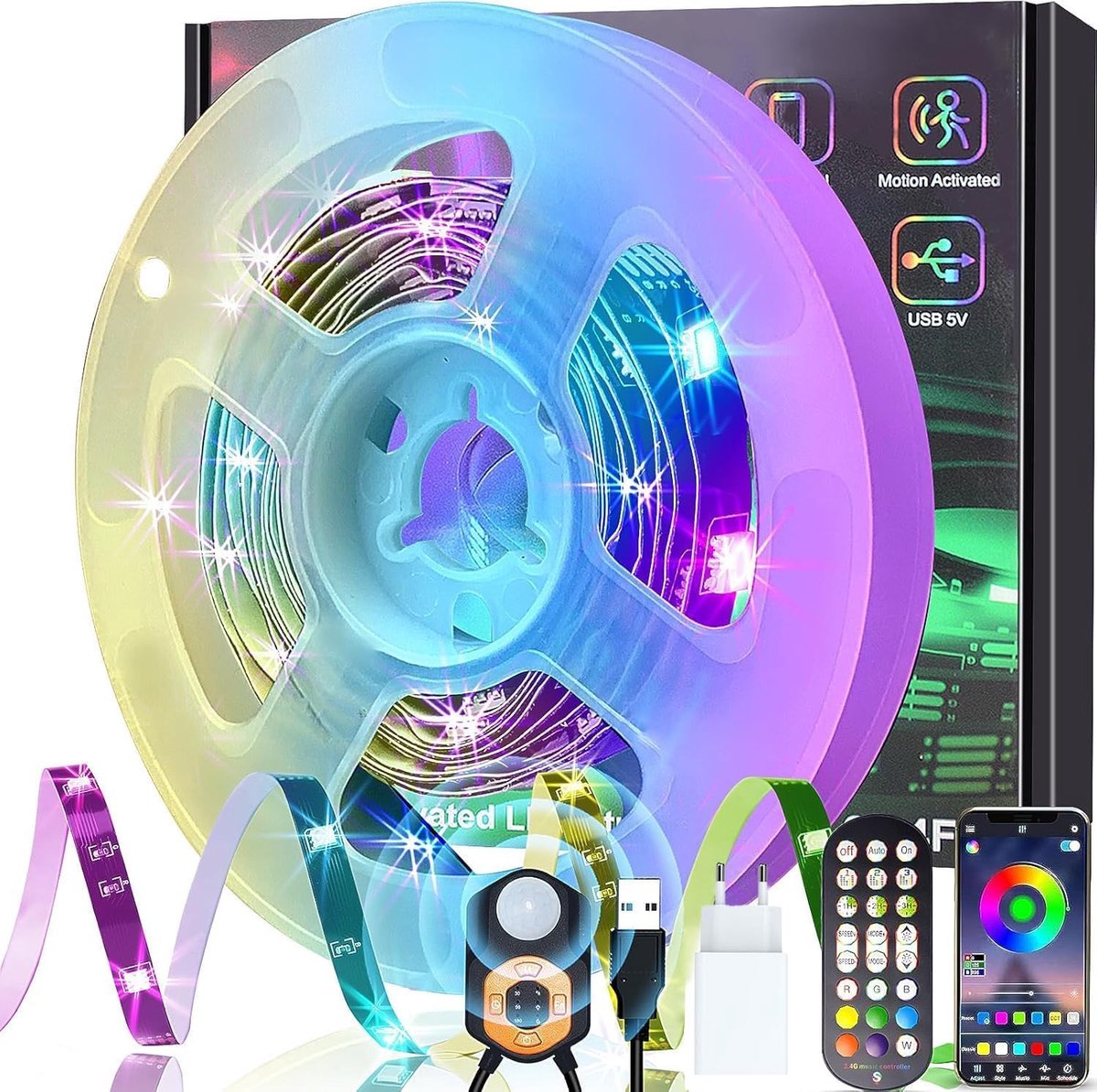 SnelShoppen - RGB Ledstrip met PIR Bewegingssensor, 3m Bluetooth Ledstrip met Afstandsbediening, 3 Modi en Muzieksynchronisatie voor Feest, Tuin en Ke