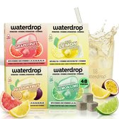 Vier waterdrop microdrink pakjes: grapefruit, ijs the lemon, passievrucht en limoen.