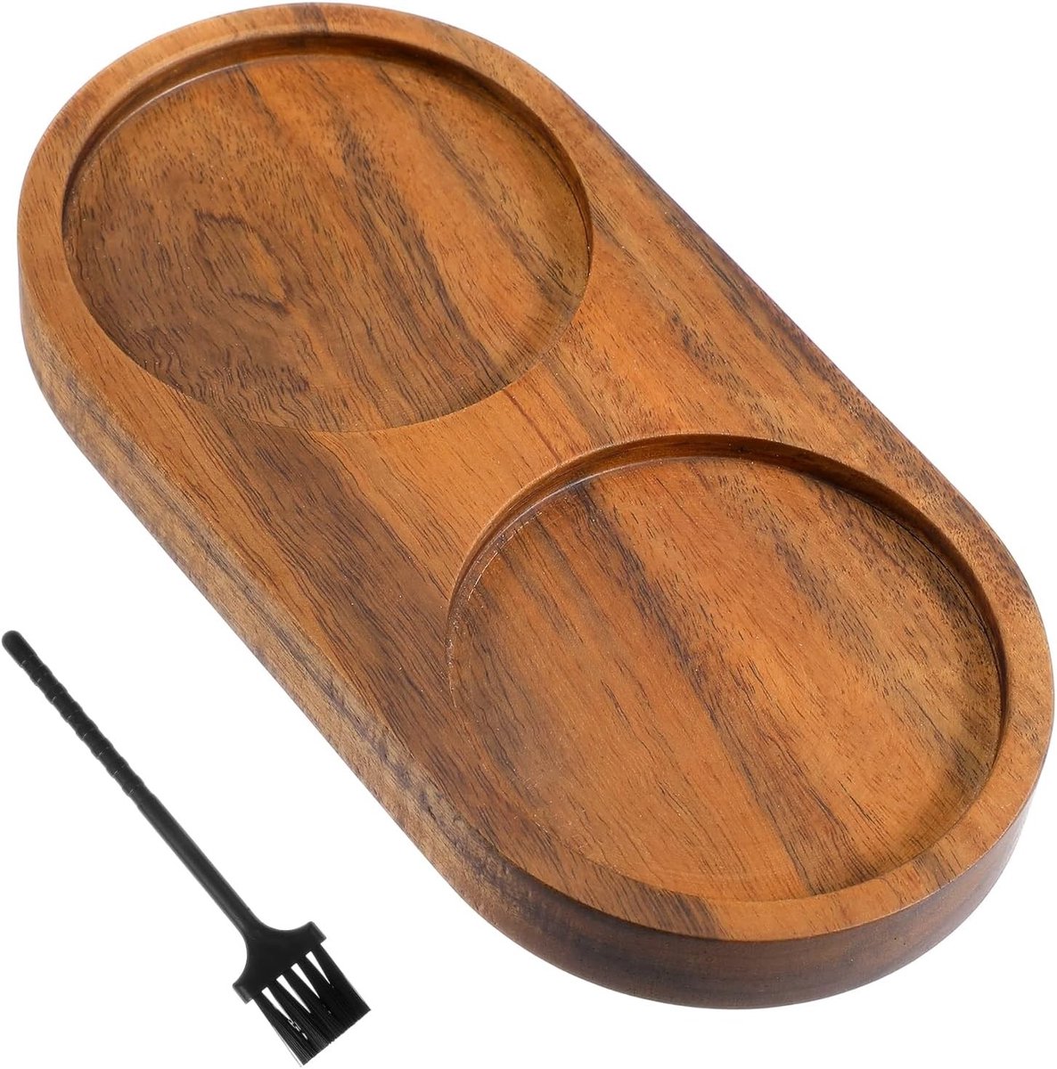 Ovaal dienblad voor zout- en pepermolen van acaciahout met reinigingsborstel, perfect voor keuken en tafeldecoratie, 15 x 7,5 cm