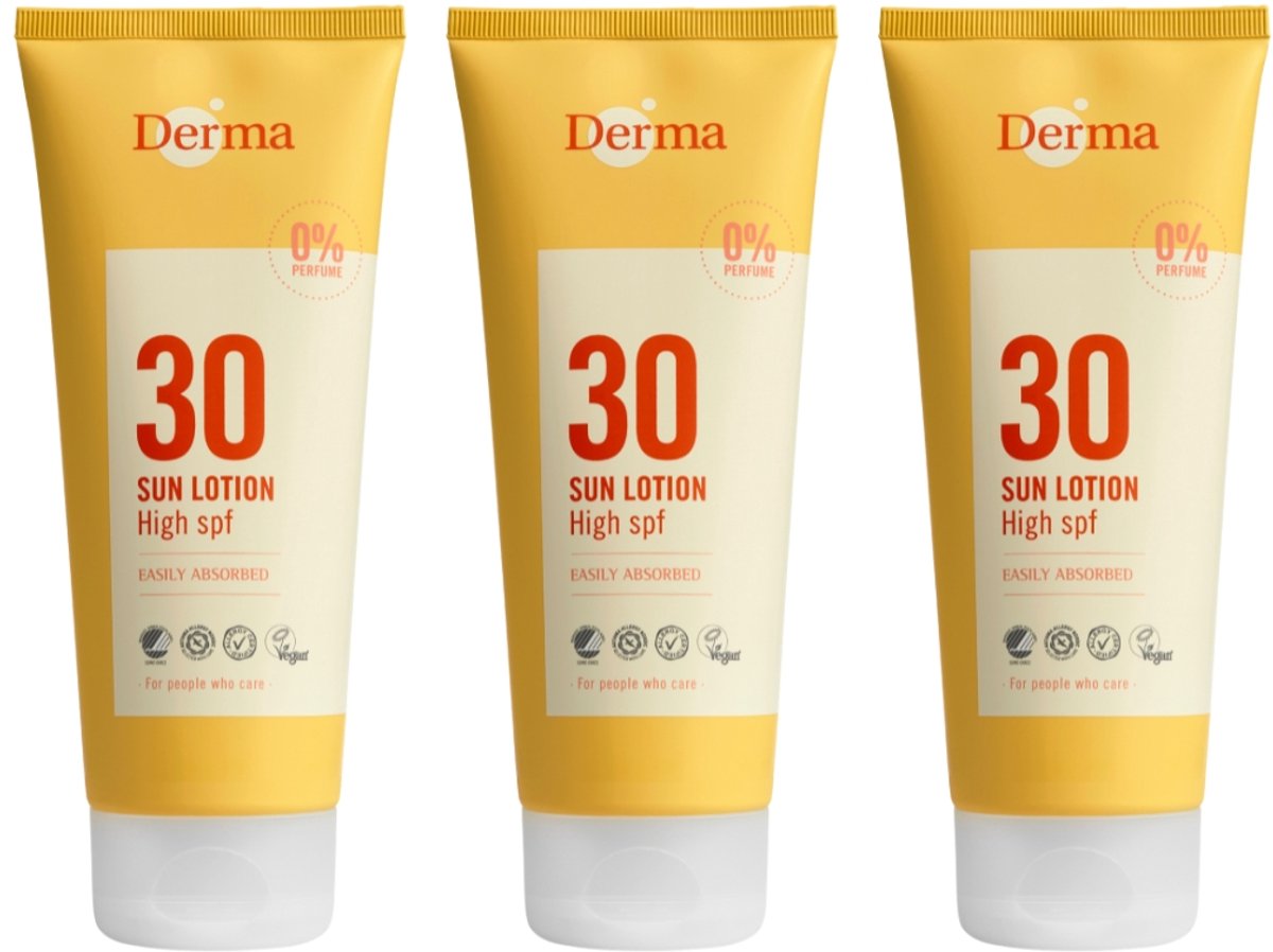 Derma Sun - Zonnebrand SPF30 3 x 200 ml - Waterbestendig - UVA en UVB Bescherming - Parfumvrij - AllergyCertified - met Aloe Vera, Glycerine en Vitamine E