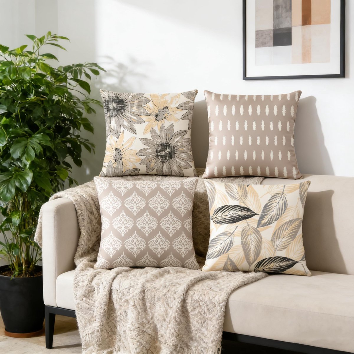 SnelShoppen - Set van 4 Kussenslopen 45 x 45 cm - Outdoor Kussen met Geometrisch Zonnebloemenpatroon - Sierkussen Linnen voor Bank en Woonkamer - Kuss