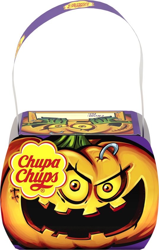 Paarse Halloween emmer van Chupa Chups met een enge pompoenprint. De emmer heeft een handvat.