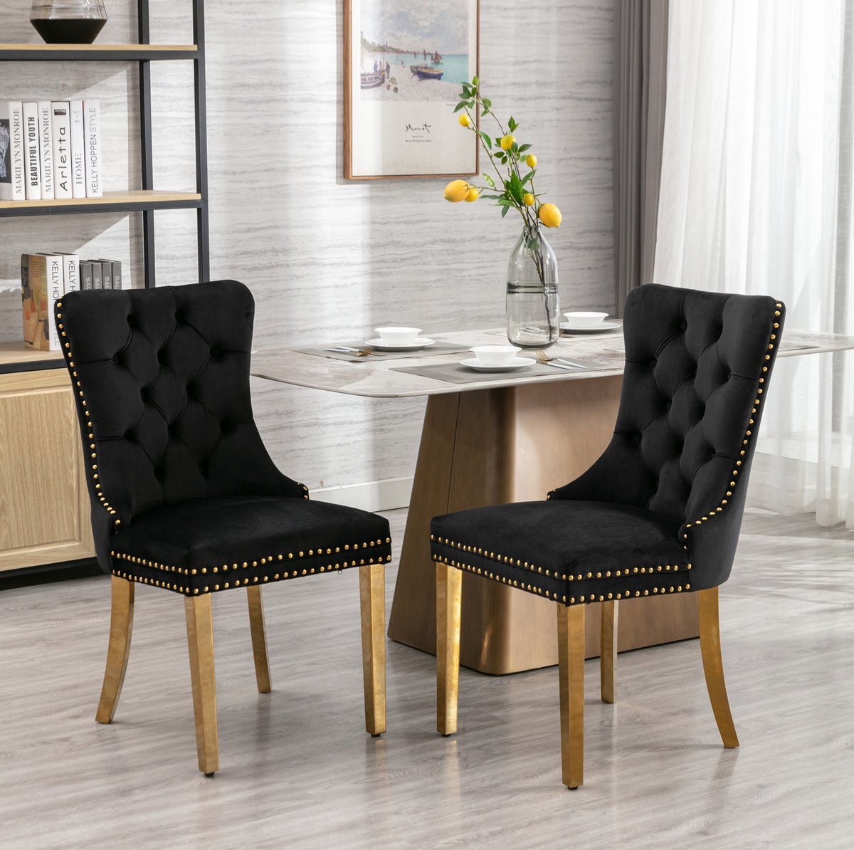 MEUNIQ Eetkamerstoel set van 2 zwart met hoge rugleuning, velvet zitting, knoopdetails en