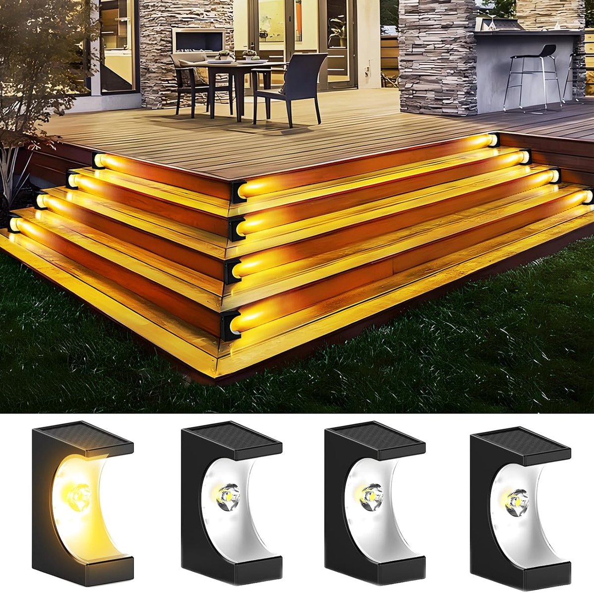 Trappenverlichting op zonne-energie, IP55 waterdicht, buitenverlichting, led-padverlichting, tuinlampen voor looppad, trap, terras, tuin, warmwit - 4 stuks [Energieklasse A]