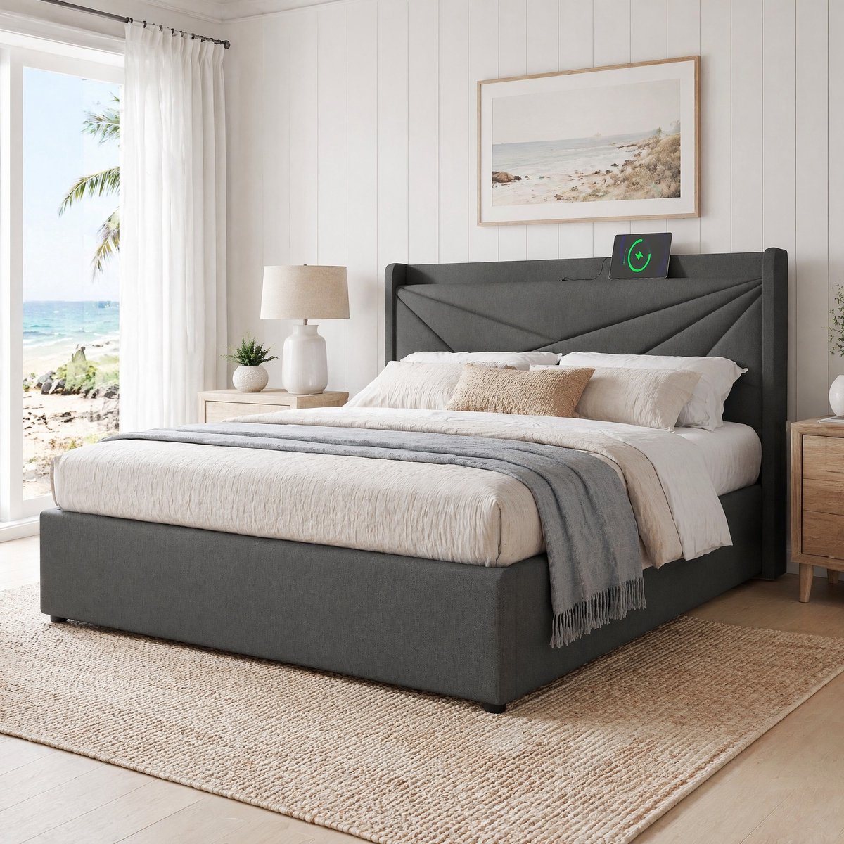 COVREO Bedframe 180x200 cm grijs stof, opbergruimte, zonder matras