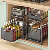 2-laags uittrekbare keuken opbergrek onder kast, zwarte metalen draadmand lade organizer, schuifbare opbergbak voor keukenkast, voor potten pannen voorraad, onderaanrecht opbergoplossing voor keuken en badkamer opruiming