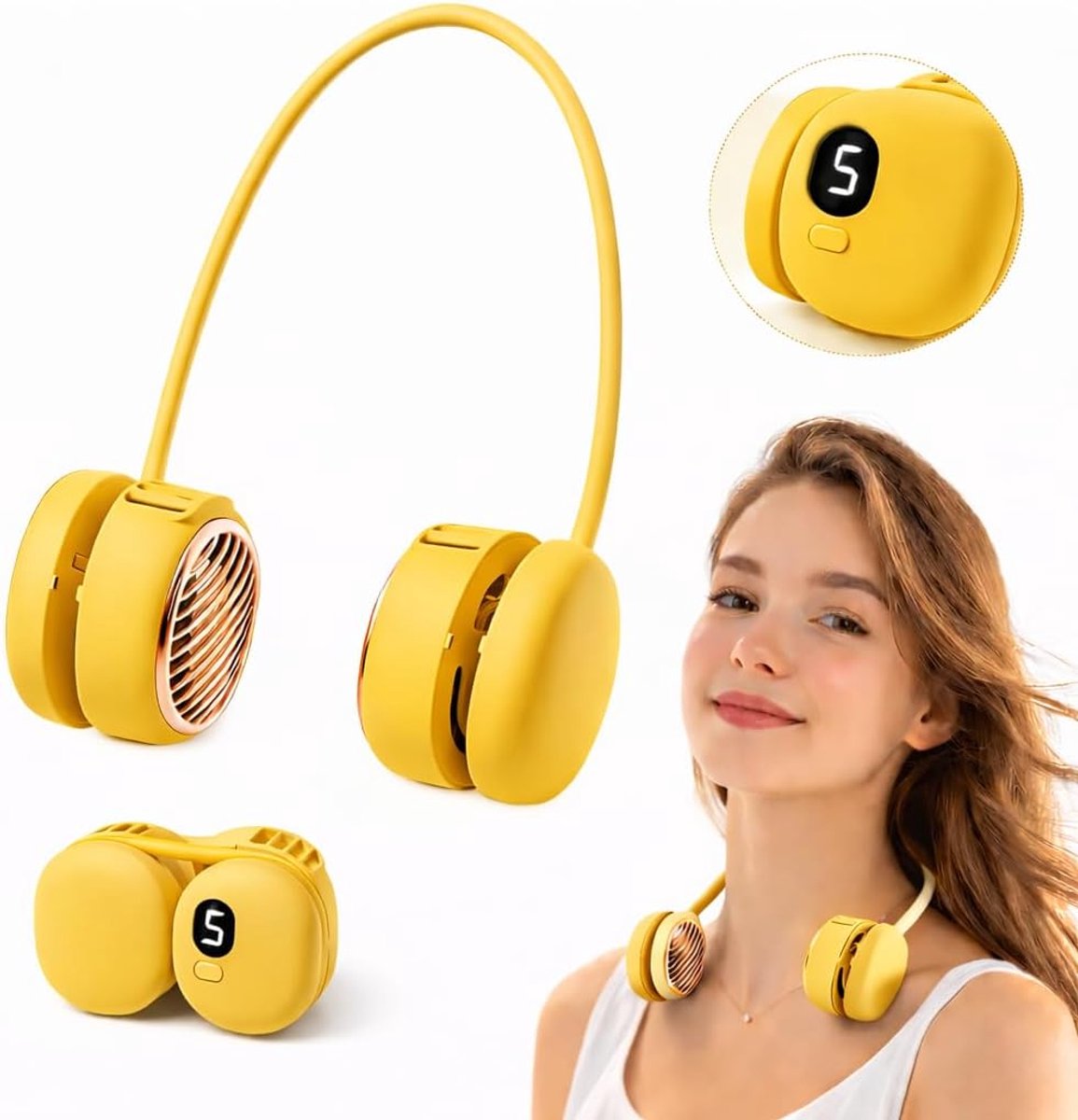 Ventilator - Oplaadbare nek ventilator, 5 standen, led-display, draagbaar en handsfree, 120 turbinebladen, 360° flexibel, 40 dB stil, ideaal voor reizen, sporten en kantoor (geel)