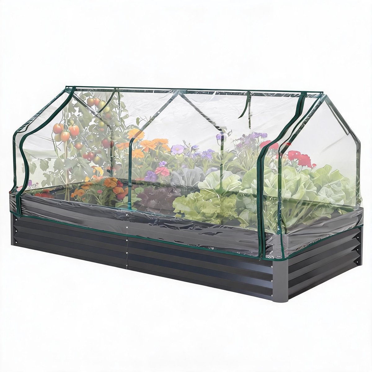 Gegalvaniseerd Verhoogd Plantenbed 240x120x60cm Grijs – Met PVC Hoes en Open Bodem – Verhoogde Moestuinbak voor Groenten Kruiden en Bloemen – Eenvoudig te Monteren met Verstevigd Frame