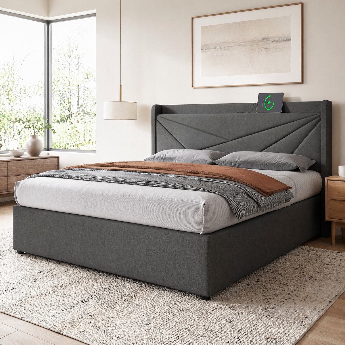 COVREO Bedframe 160x200 cm grijs met USB en opbergruimte zonder matras