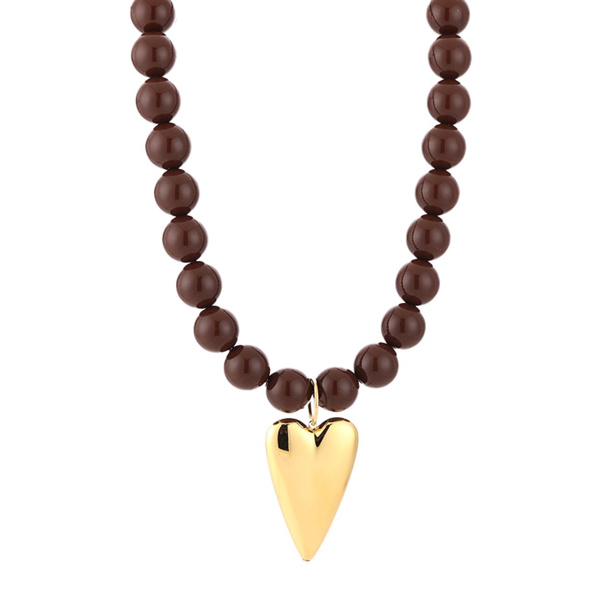 Vrolijke Dames Kralenketting - Matte Kralen met Glanzend Langwerpig Hart Bedel - Bruin