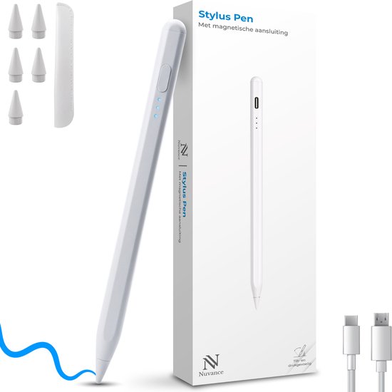 Witte Nuvance stylus pen in verpakking met extra punten, hoesje en USB-C kabel.