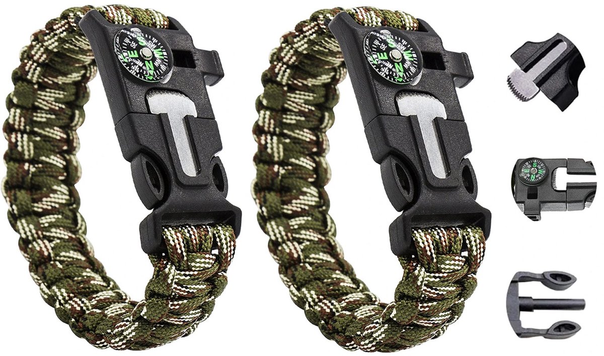 2 x Han-Bar® Survival Armband - 5-in-1 - armband - kompas - vuursteen - LEGERKLEUR