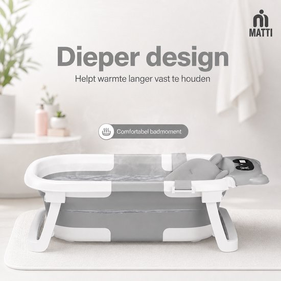 MATTI® - Baby Bad- Babybad - Baby Badset - Opvouwbaar - Inclusief Kussen en Thermometer - Grijs — afbeelding 5