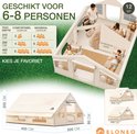 Overzicht van beige ELONEO glampingtent voor 6-8 personen, met afmetingen en interne indeling, met pop-up tenten voor demonstratie.