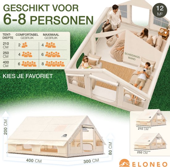 Overzicht van beige ELONEO glampingtent voor 6-8 personen, met afmetingen en interne indeling, met pop-up tenten voor demonstratie.