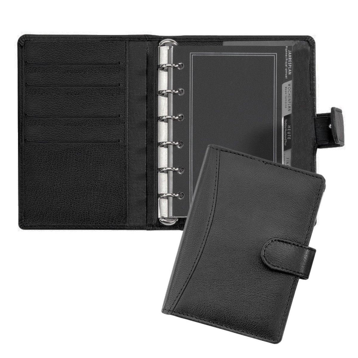 SnelShoppen - Systeemplanner A7, Nappaleer/Echt Leer Organizer, Managersplanner met 4 Visitekaartvakken, Balpen, Agenda 1 Week/2 Pagina's, Zwart