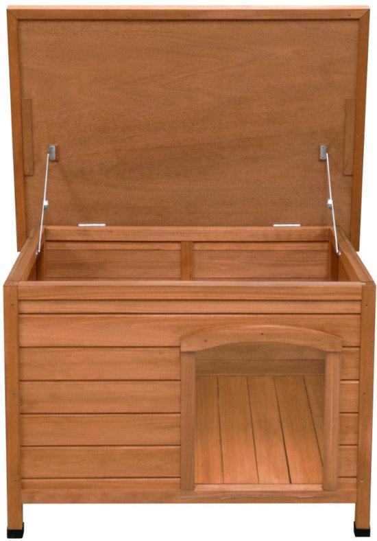 Houten hondenhok met het dak omhoog geklapt, waardoor de binnenkant zichtbaar is.