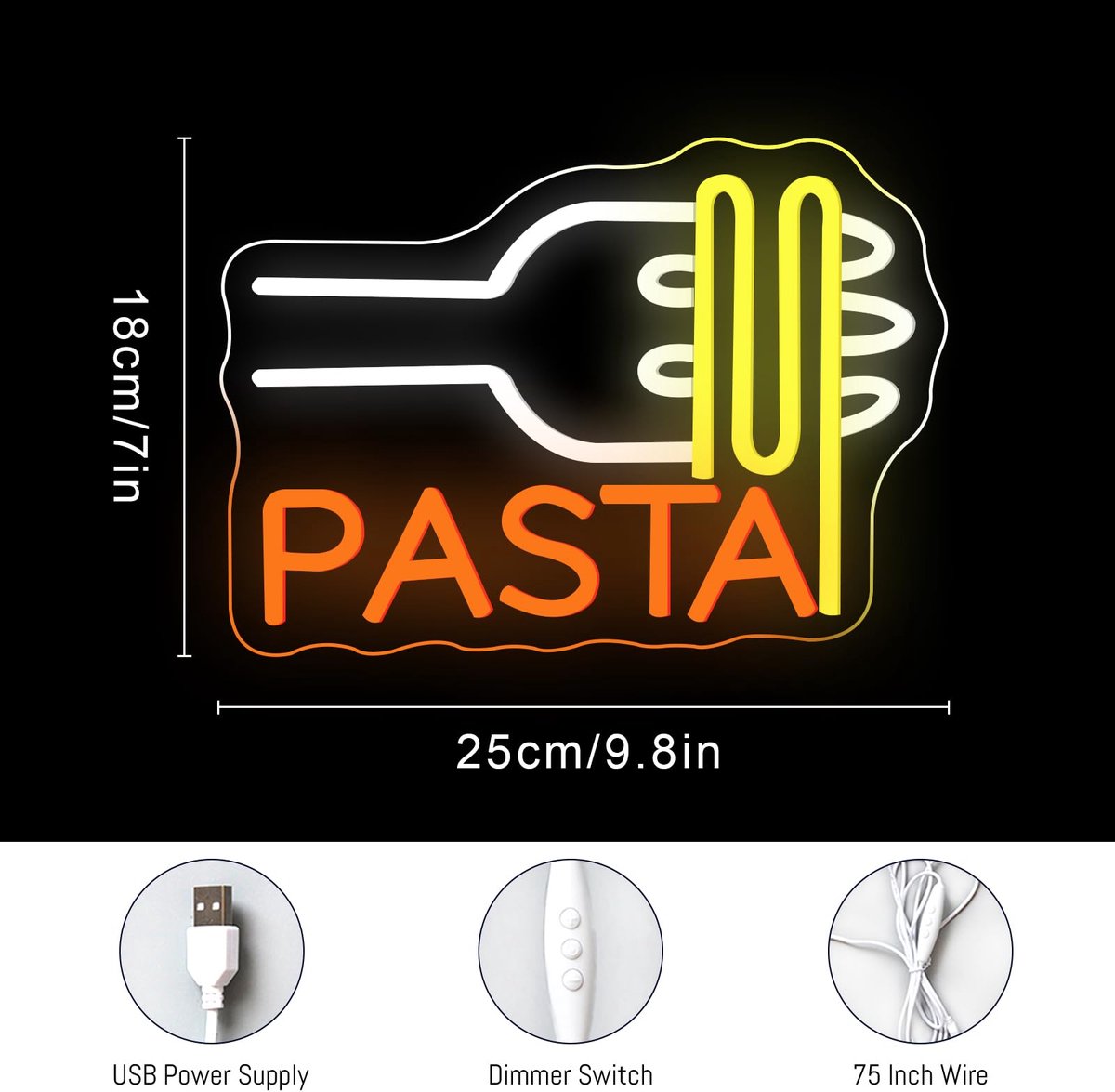 SnelShoppen - Pastavork Neonbord Eten LED Neonlicht voor Italiaans Restaurant, Keuken, Snackbar - Decoratie voor Muur en Venster, Perfect voor Levensm